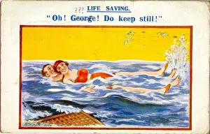Stocker: Comic postcard, Young couple in the sea - Life Saving
