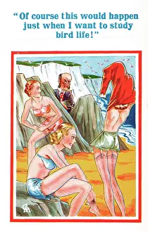 Voyeurism: Comic postcard, Young women on the beach