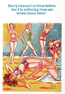 Voyeurism: Comic postcard, Young women on the beach