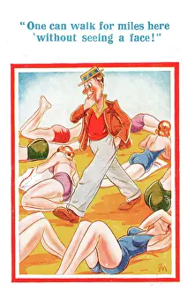 Voyeurism: Comic postcard, Young women on the beach