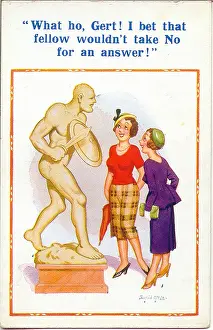 Gladius: Comic postcard, Two young women look at statue
