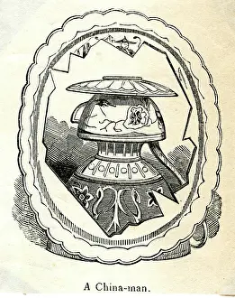 Saucer: Comic visual and verbal pun -- A China-man