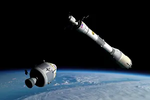 Rendezvous: A command module approaches an awaiting rocket in Earth ?