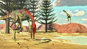 Prowling: Compsognathus dinosaur attempts to eat a frog