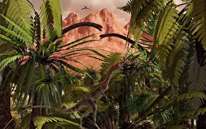 Alertness: A Compsognathus treads carefully through a Jurassic jungle
