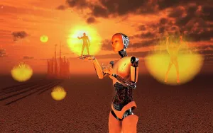 Cybernetic: Concept illustrating mankind becoming a slave to robotic ?