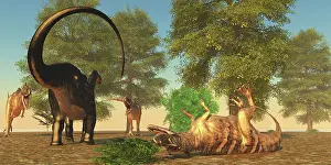 Brontosaurus: Confrontation between an Apatosaurus and a group of ?