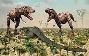 Carrion: Confrontation between a pair of T Rex dinosaurs over a dead