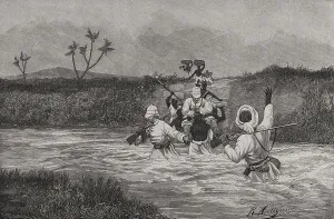Porters: The Congo. Passage of a river during the rainy season