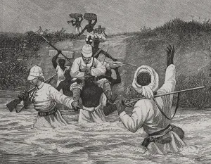 Porters: The Congo. Passage of a river during the rainy season