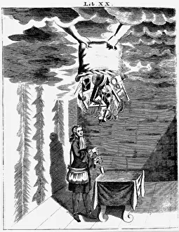 1715: Conjuror performing tricks. From 1715 edition