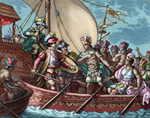 1807: Conquest of Mexico. Capture of Cuauhtemoc. Colored engraving