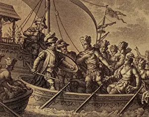1807: Conquest of Mexico. Capture of Cuauhtemoc. Engraving