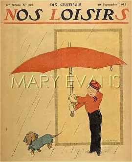 Rainstorm: A conscientious page protects a dachshund from the rain