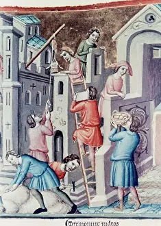 Builder: Construction of a castle in a medieval village. England