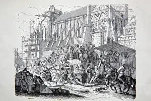 Liebfrauenmunster: Construction of Strasbourg cathedral, engraving