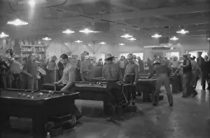 Commissary: Construction workers playing pool in company commissary, Sha