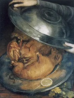 Roast: The Cook, still life circa 1570. If turned upside-down