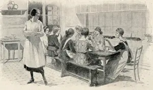 Escuelas: Cooking classes. Illustration published in the Illustrated