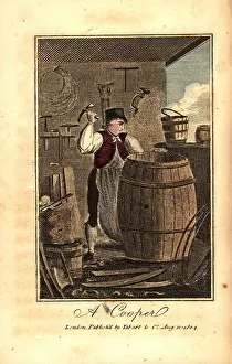 Cask: Cooper hammering a metal hoop on a hogshead barrel