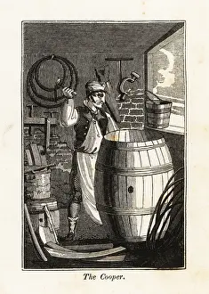 Adze: Cooper working on a barrel in a workshop