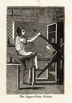 Printshop: Copperplate printer pulling on a press in a printshop
