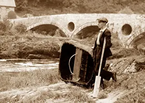 Coracle: Coracle on River Teifi at Cenarth, Wales probably 1930s