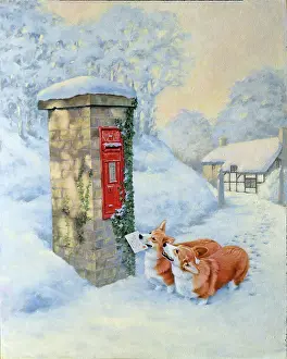 Postbox: Corgis and Postbox ' in a snowy village