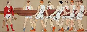 Rower: Cornell crew team holding a boat; on left is team coxswain