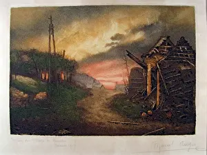 Aquatints: A corner of the village of Combles, Somme, 1917