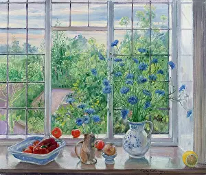 Pepper: Cornflowers in a blue and white jug