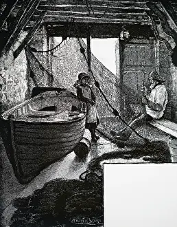 Repair: Cornish fisherman repairing his nets in his cellar