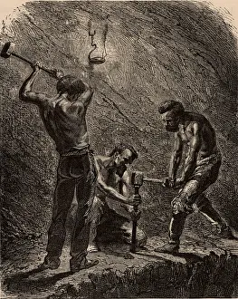1869: Cornish miners boring a hole to take a charge