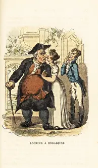 Rudolph Ackermann: A corpulent man staring angrily at a fop for looking