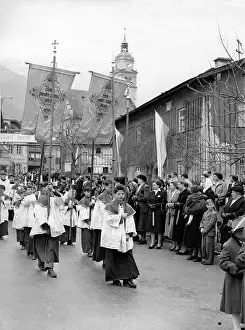 Almsgiving: Corpus Christi procession in Tyrol. About 1960
