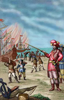 Bearded: Cortes destroying his fleet. Colored engraving
