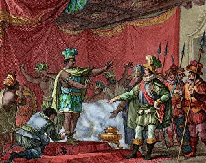 Kneel: Cortes took prisoner Moctezuma II. Engraving. Colored