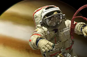 Jupiter: A cosmonaut floats in space above a large alien planet