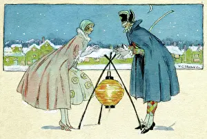 Costumed: Costumed lady and gentleman with lantern