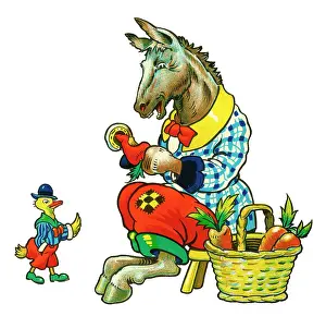 Anthropomorphism: Cot header design, Horse with Carrots and Duck