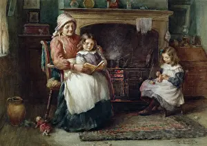 Fireside: Cottage Interior ' Granny reading to child