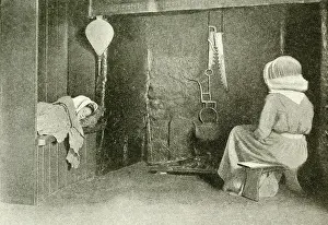 Bellows: Cottage interior with mother and sleeping child, Devon