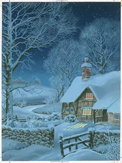 Cottage with lighted windows in snow