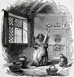 1823: Cottager spinning with Distaff. The window has