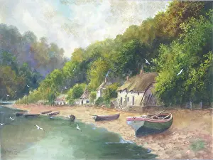 Halford: Cottages by a shore and boats on the beach