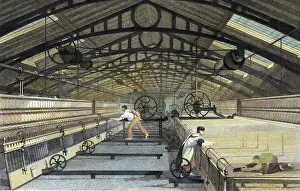 Mule: Cotton manufacture: mule spinning. Note boy on