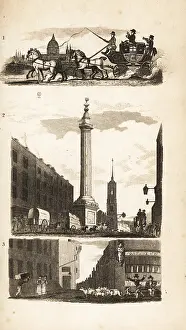 Billingsgate: Countrymen on a stage coach, the Monument and Pie Corner