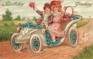 Forgetmenot: Couple in a car on a birthday postcard