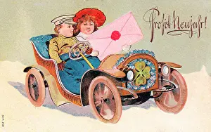 Forgetmenot: Couple in a car on a German New Year postcard