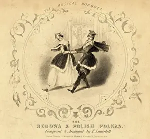 Doves: Couple dancing the polka on a music sheet